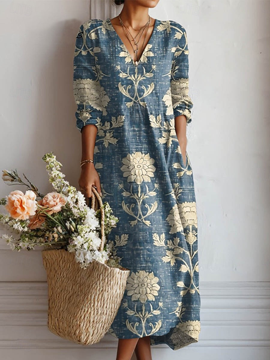 Cla | Dámské Boho lněné květinové midi šaty s V-výstřihem a kapsami