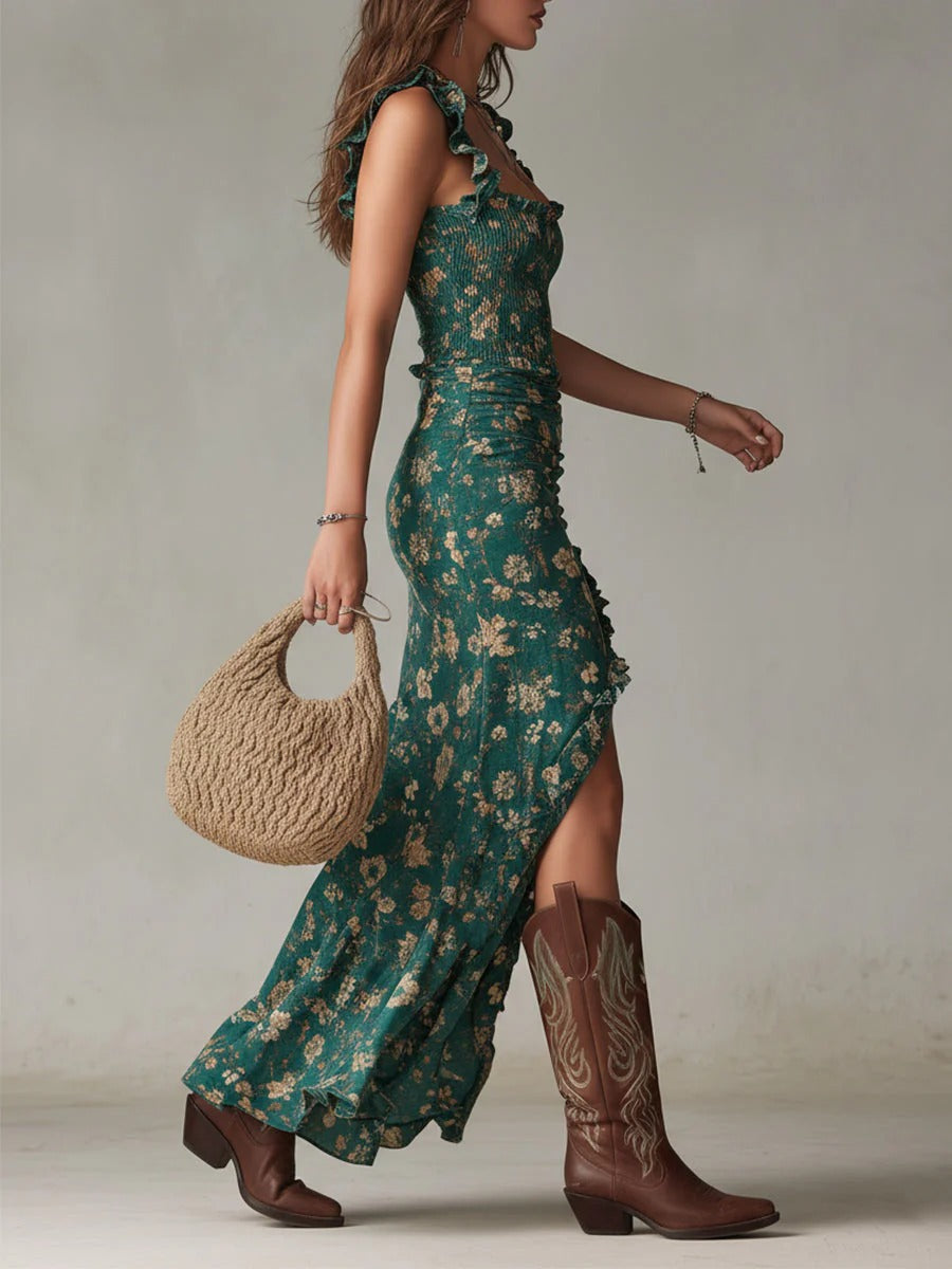 Zara | Maxi boho retro šaty s volánkovými ramínky a bočním rozparkem